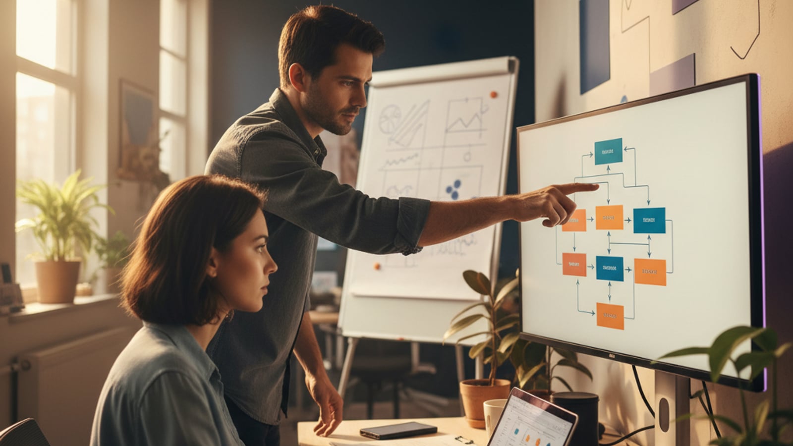 A focused team collaborates on a digital workflow, designing efficient business automation services for Burlington, NJ companies.