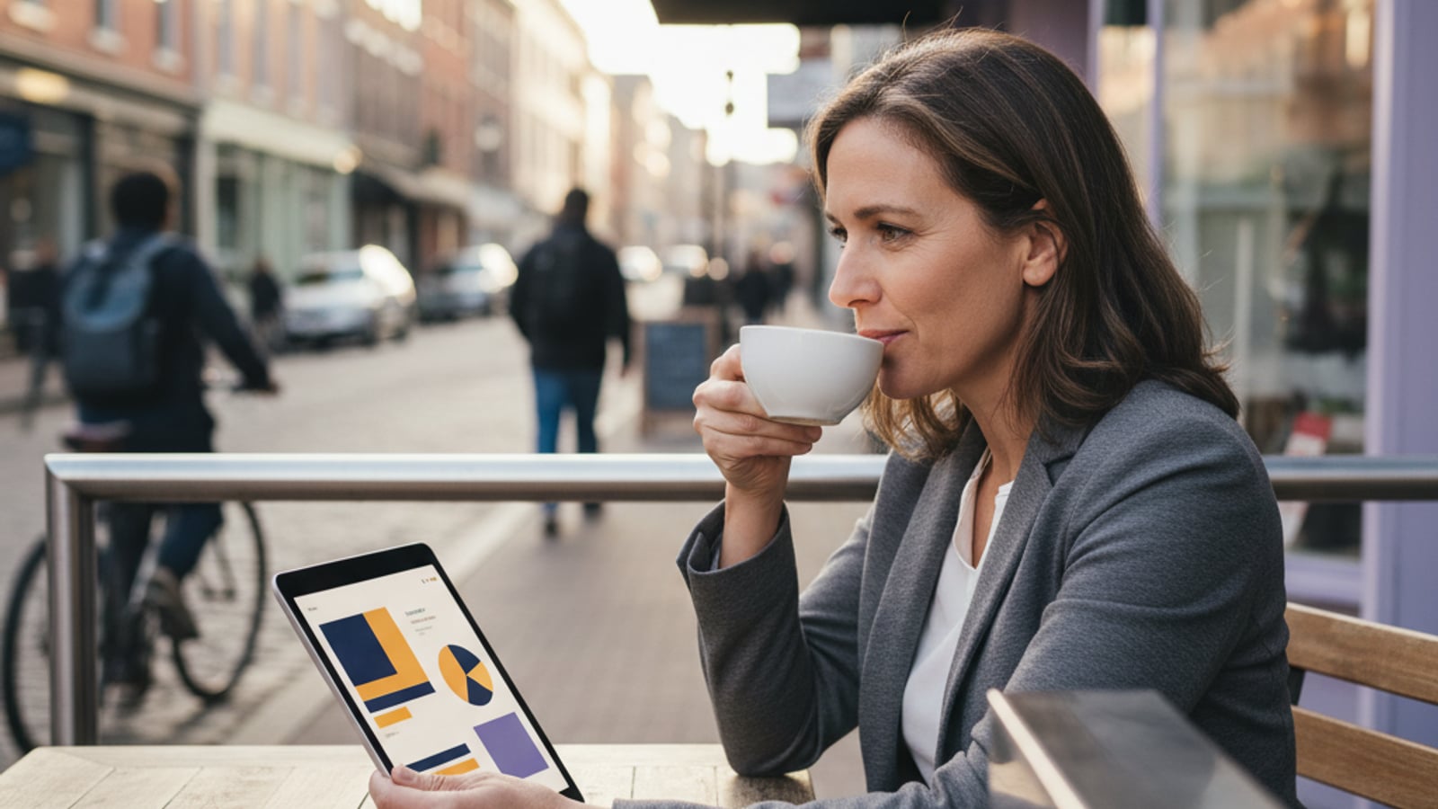 A confident Burlington, NJ small business owner sips coffee, enjoying newfound calm from effective business automation services.