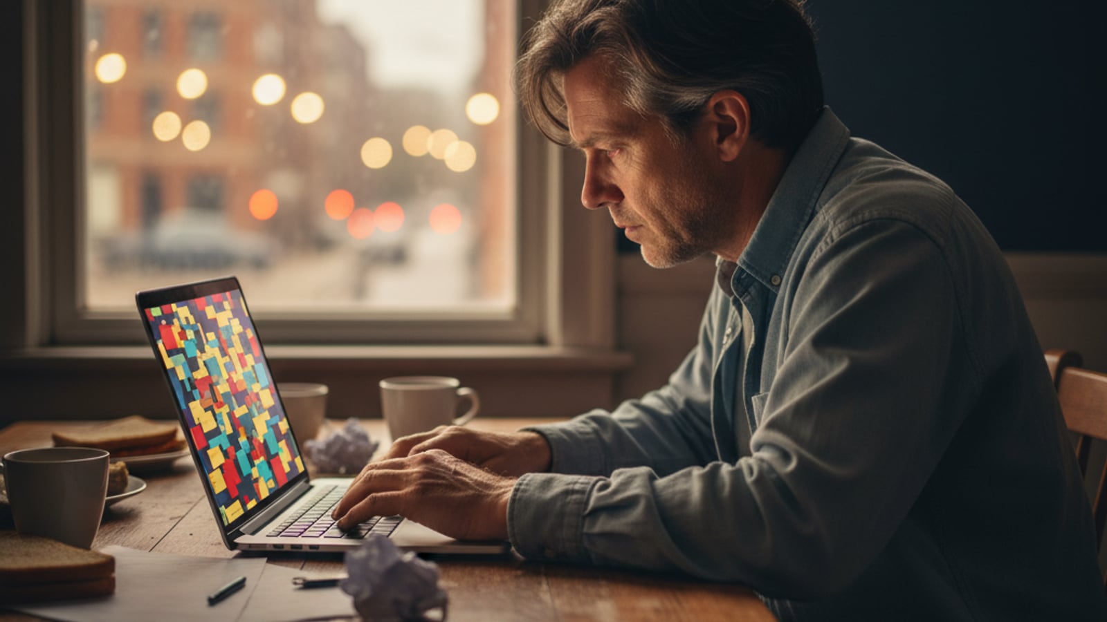 Weary small business owner works on a laptop late, city lights visible, overwhelmed by tasks — business automation services in Camden, NJ.