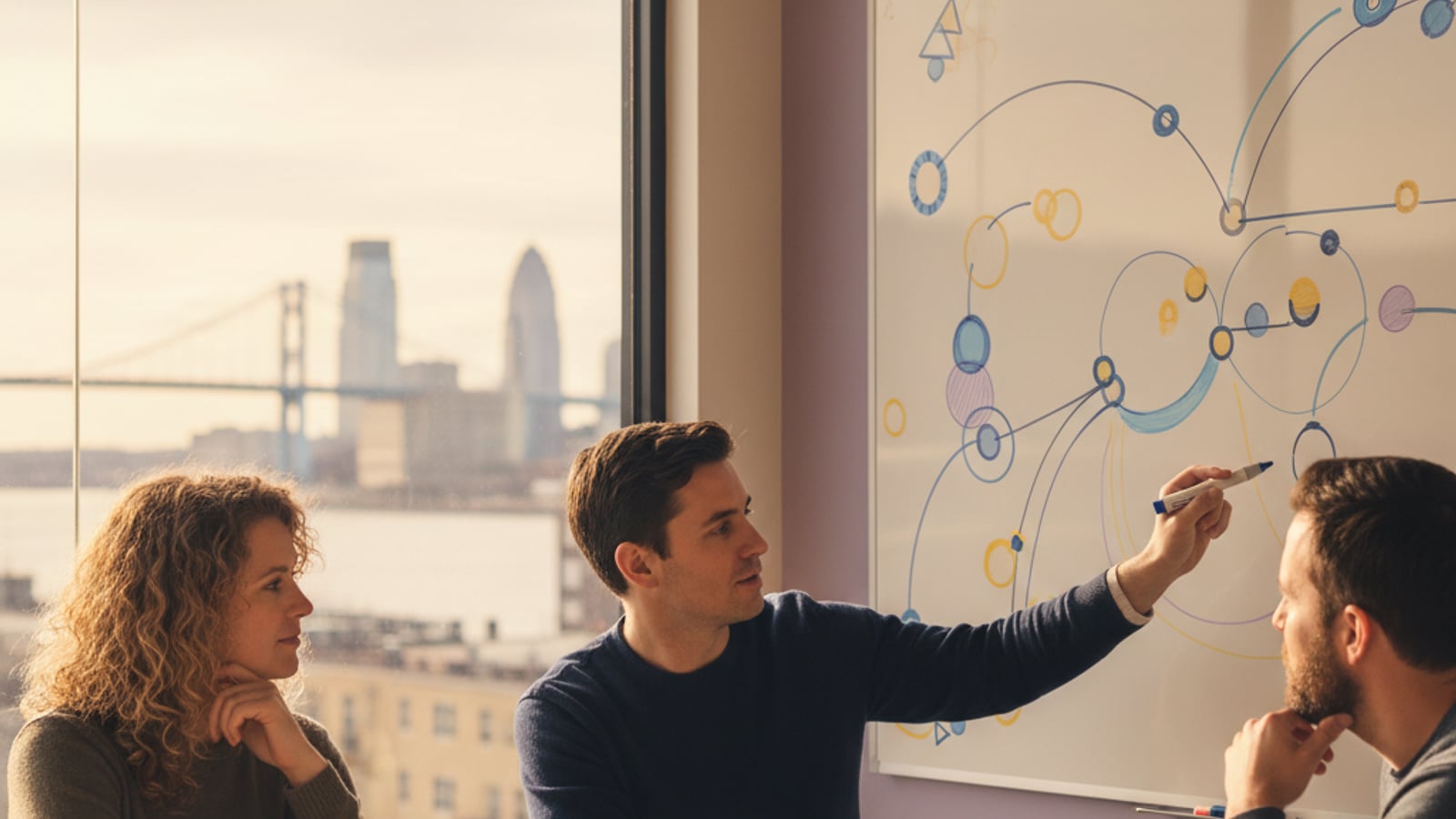 Focused team collaborates in a modern office, one at a computer, another at a whiteboard with shapes, building custom business automation services.
