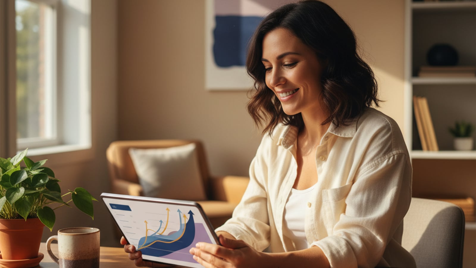 Calm small business owner smiles, viewing a color-blocked dashboard on a tablet — efficient business automation services in Camden, NJ.
