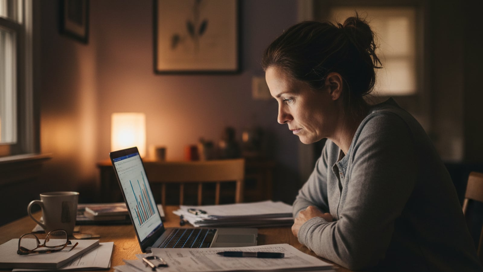 A tired small business owner works late at a dimly lit kitchen table, surrounded by papers, visualizing the need for business automation.