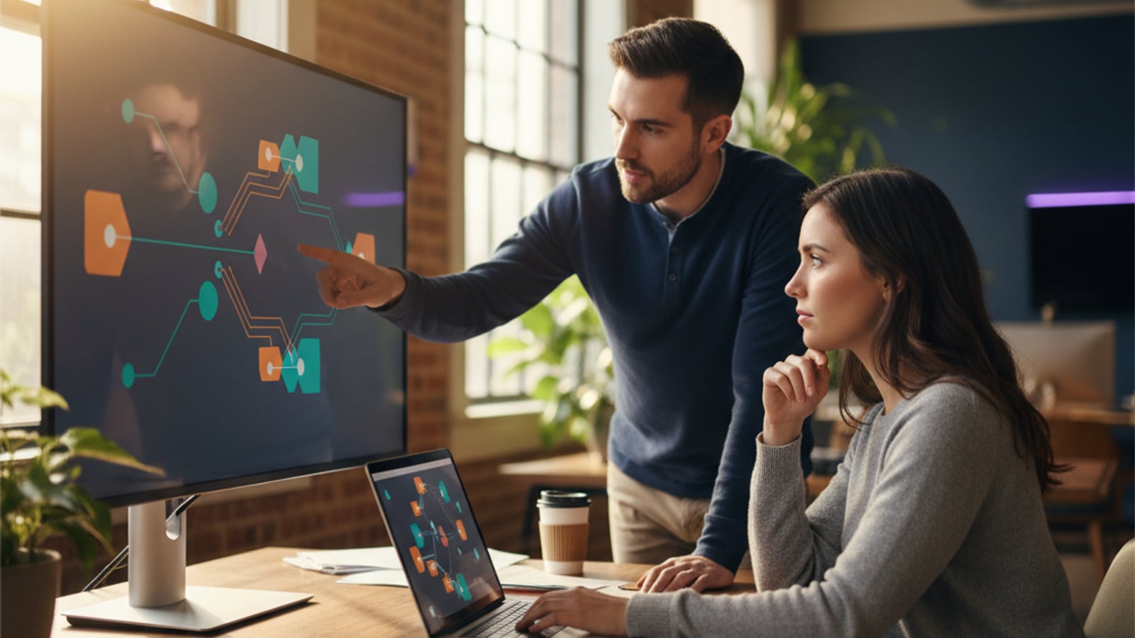A small team of engineers collaborates intently around a large monitor displaying abstract data flows, developing custom business automation.