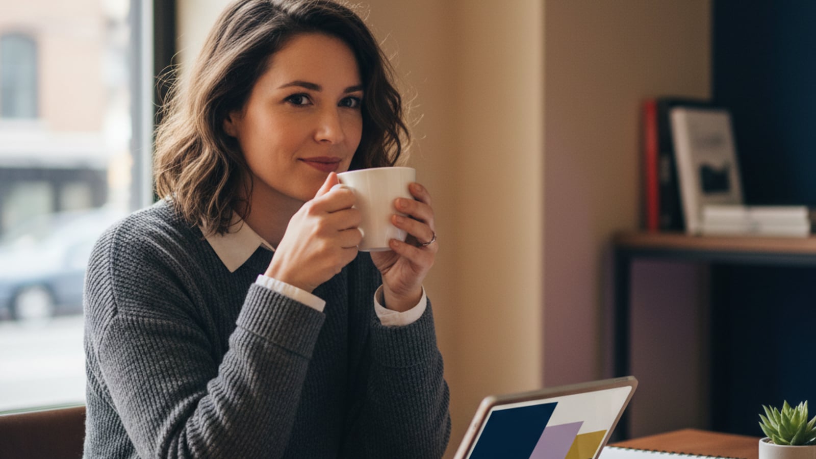 A confident small business owner sips coffee in a bright, organized office, reflecting the calm and control gained from automation.