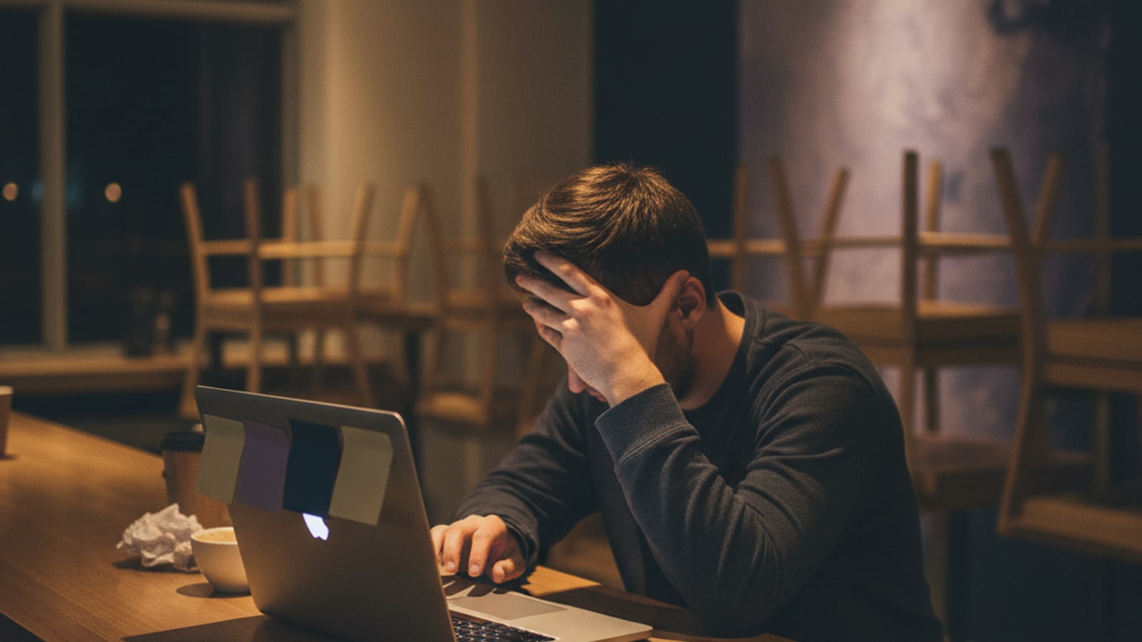 Overwhelmed Collingswood, NJ small business owner hunches over laptop at dimly lit cafe counter. Business automation services needed.