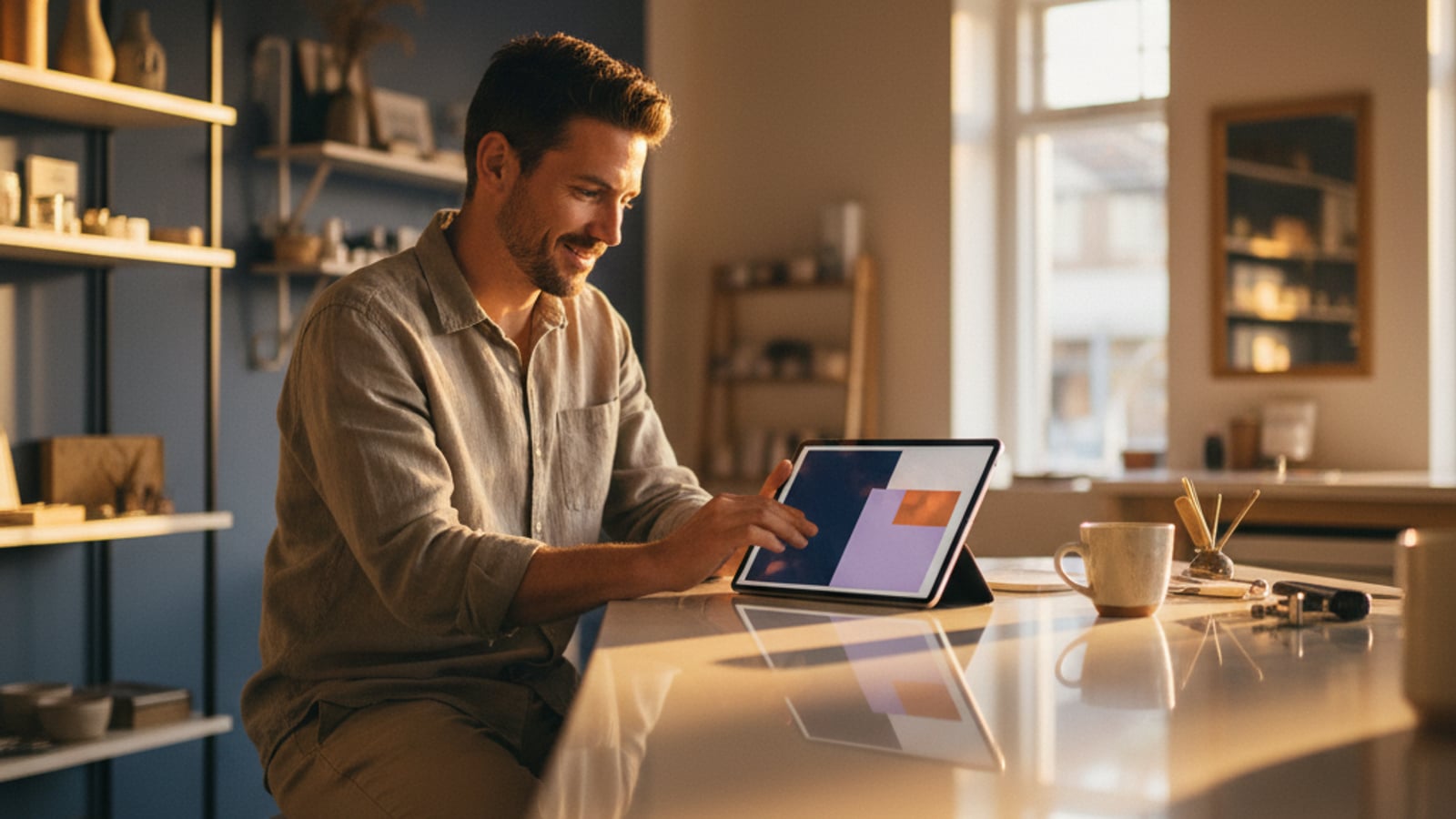Relaxed Collingswood, NJ small business owner smiles, viewing a clean tablet dashboard. Business automation services deliver calm.