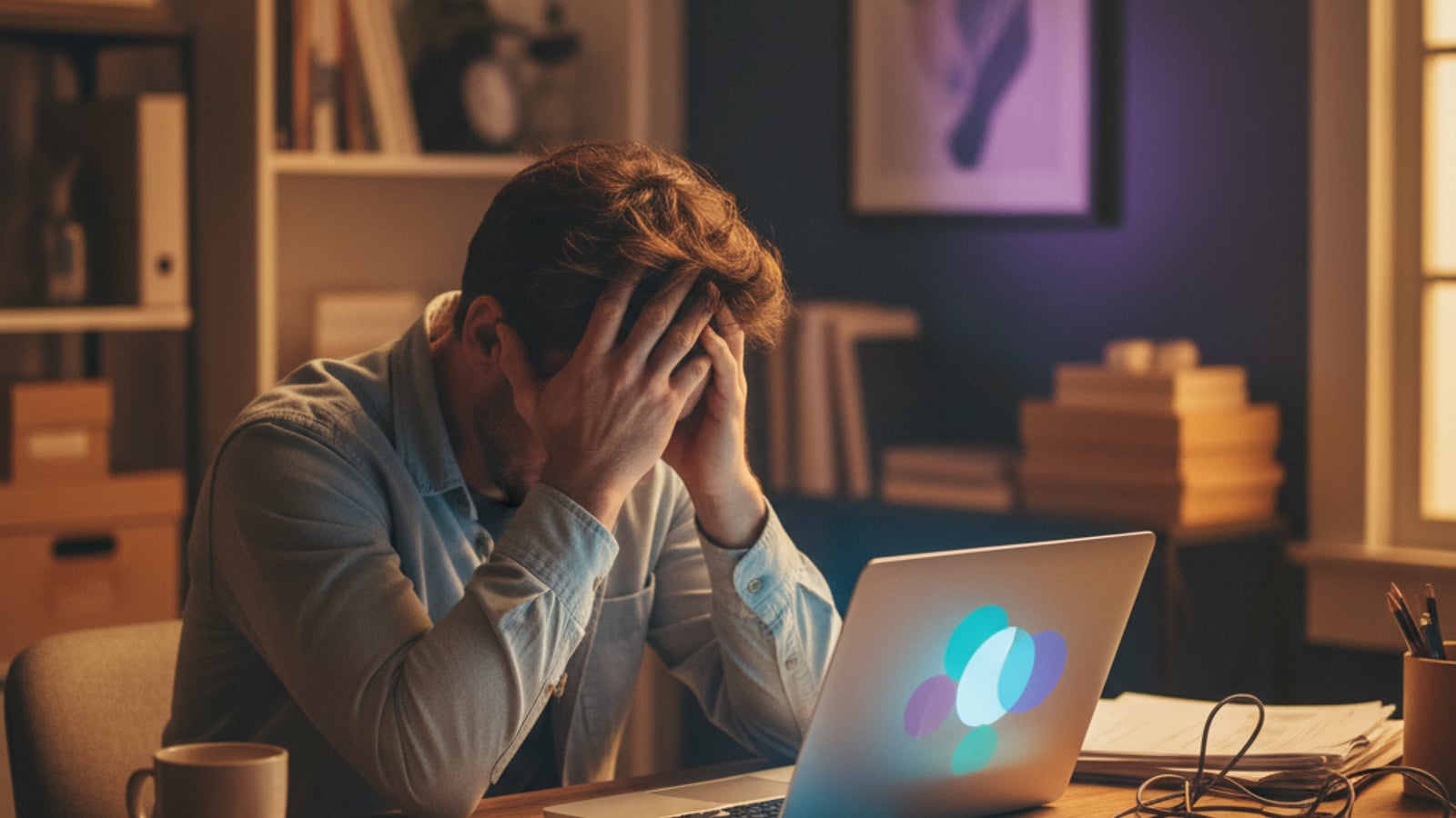 Exhausted small business owner works late at night, surrounded by tasks, needing business automation services in Deptford NJ.