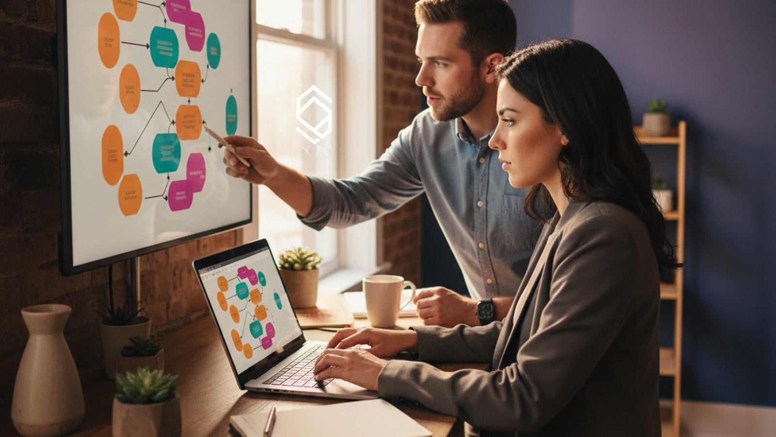 Two focused professionals collaborate on a large screen, developing custom business automation services for Deptford NJ.