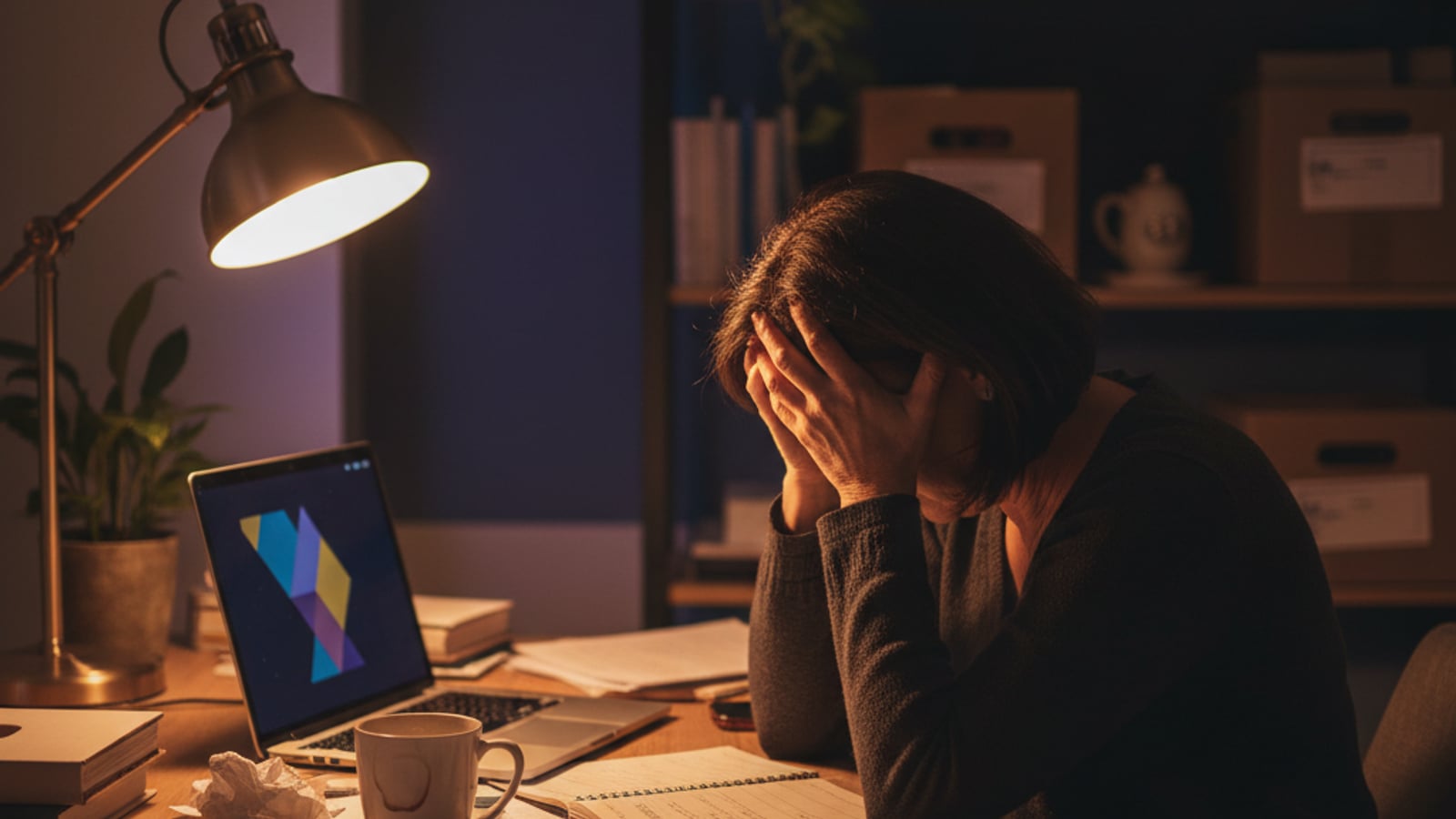 Exhausted Glassboro small business owner at a cluttered desk, head in hands, overwhelmed by seasonal demand — needs business automation services.