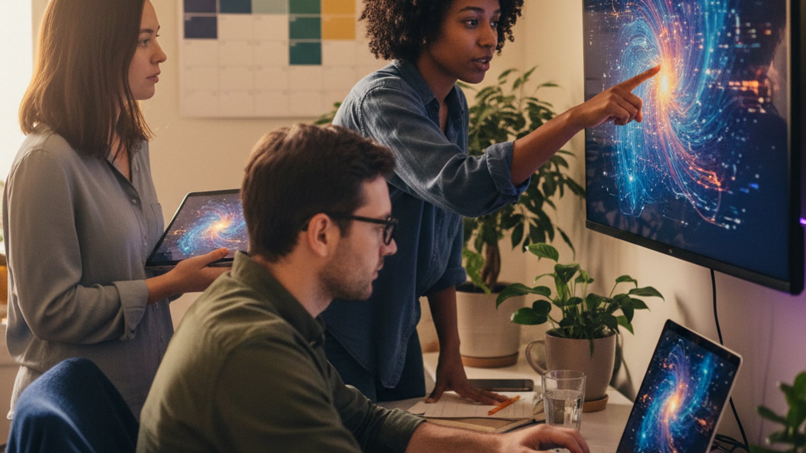 Small team collaborates on colorful flowcharts on a monitor, developing tailored business automation services for local Glassboro businesses.