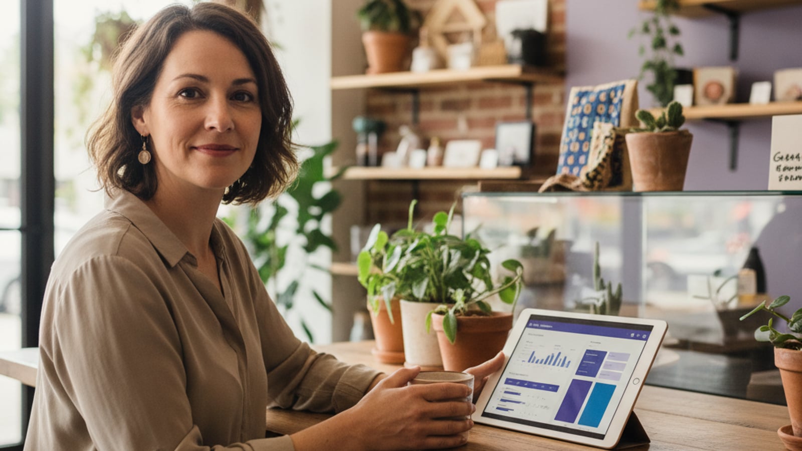 Calm Glassboro small business owner reviews a color-blocked dashboard on a tablet — efficiency of business automation services.