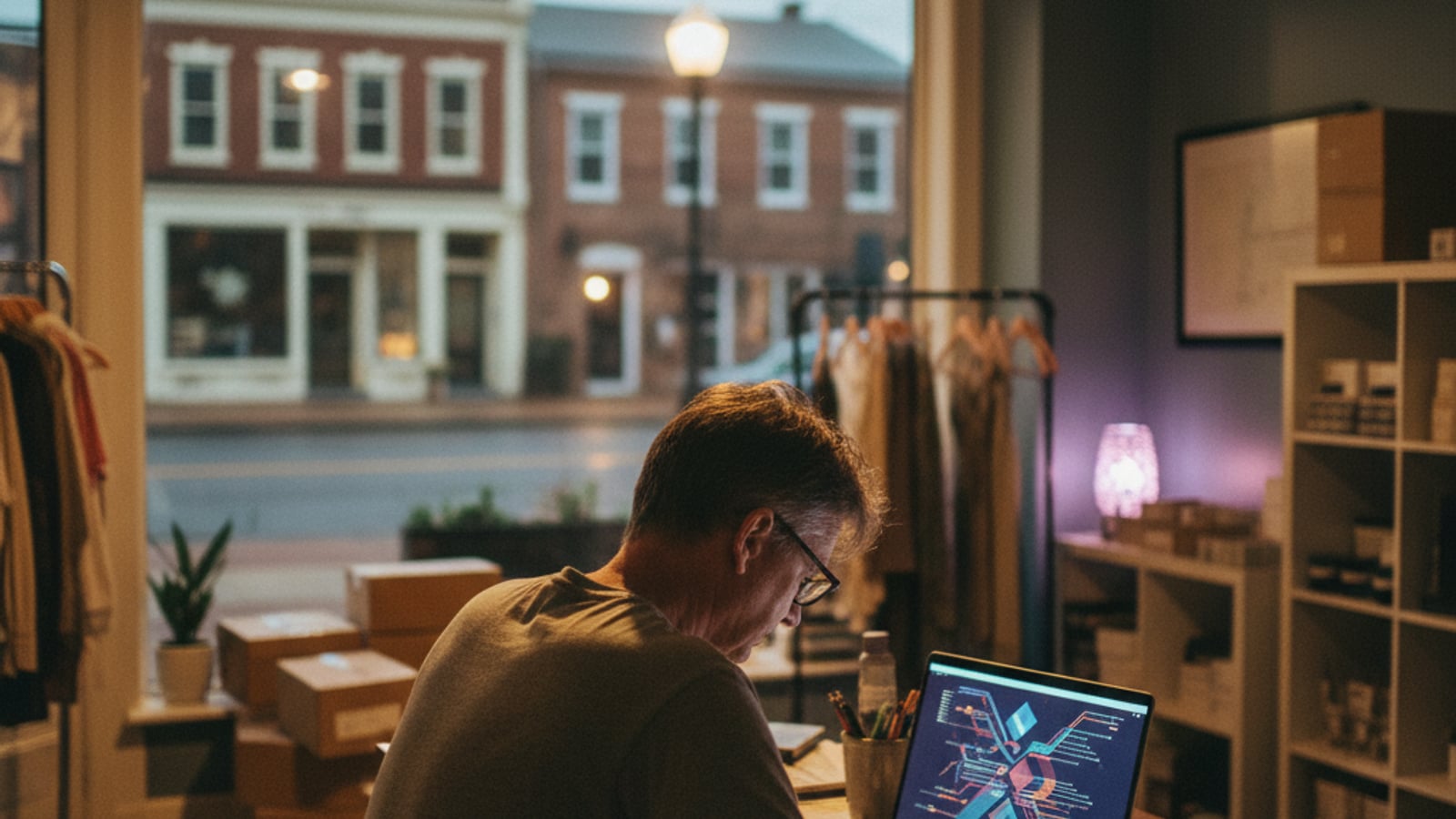 A weary small business owner works late at night in their Haddonfield shop, overwhelmed by tasks without business automation services.