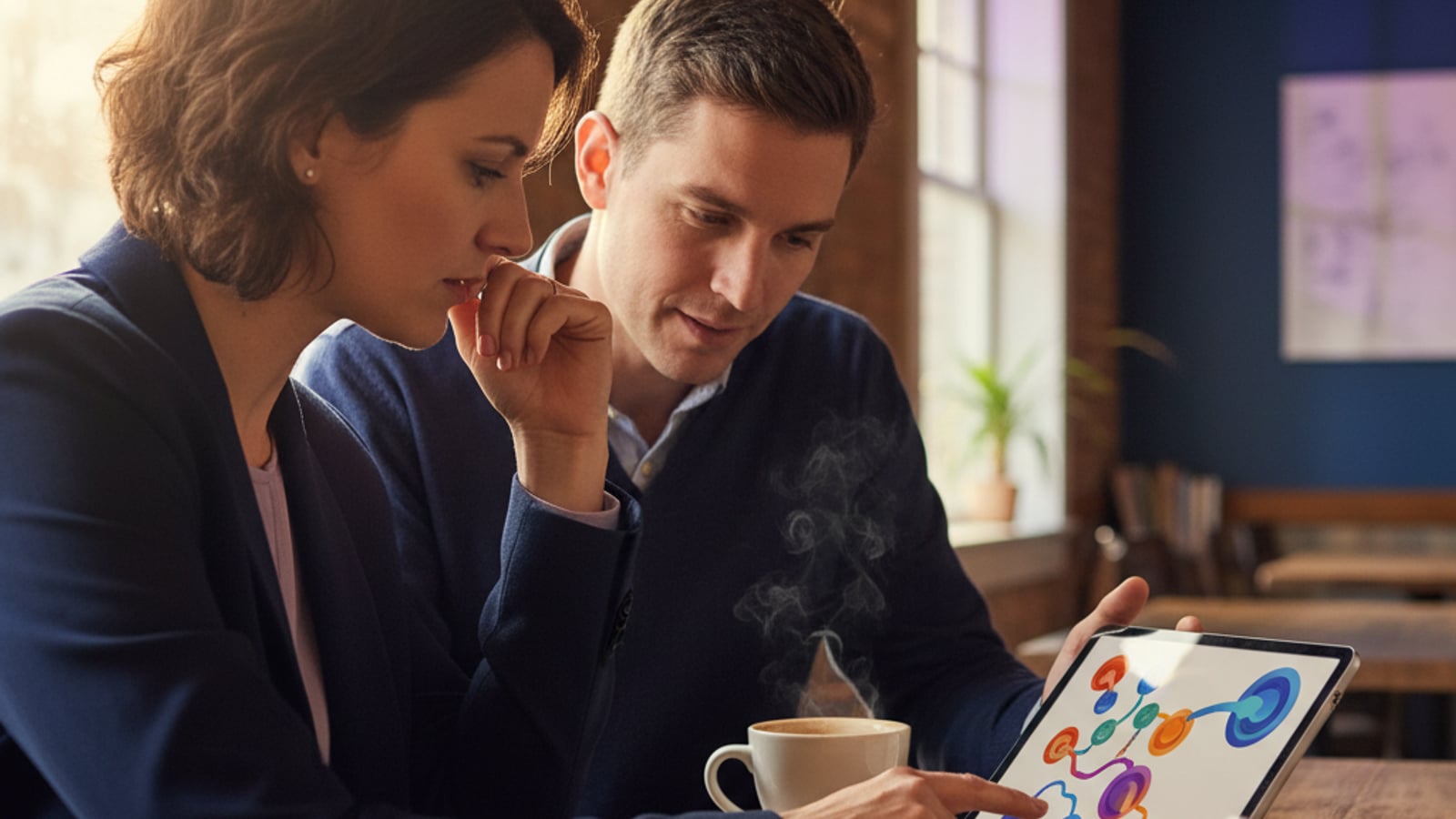 Two people in a Haddonfield coffee shop collaborate on a tablet, designing custom business automation services workflows.