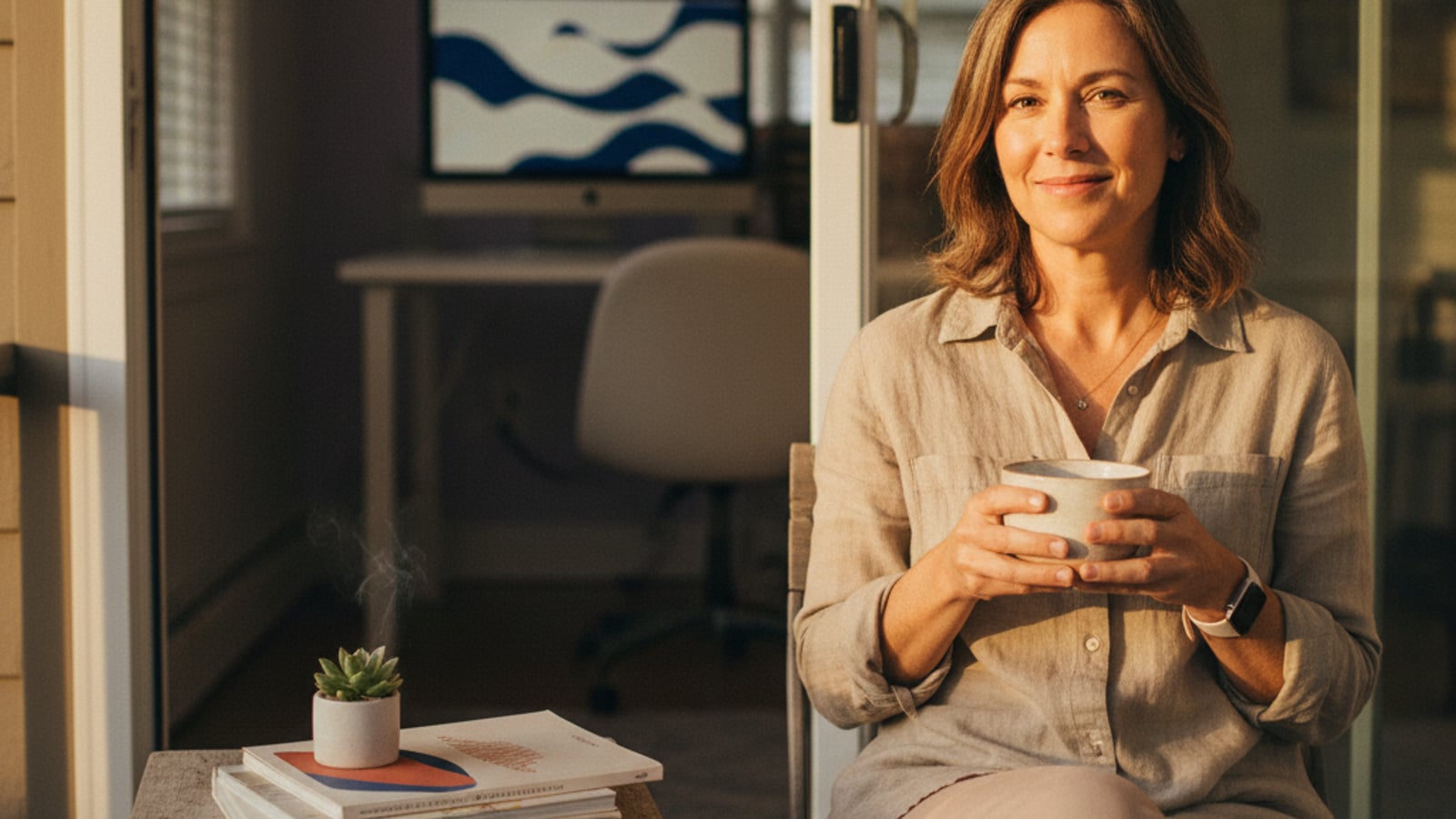 A calm Haddonfield small business owner relaxes on their porch at sunset, enjoying freedom after implementing business automation services.