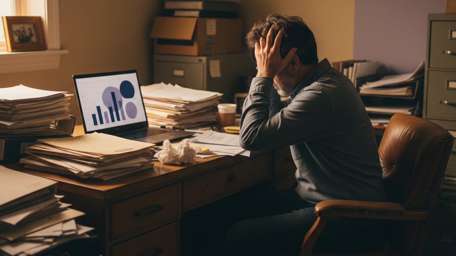 A frustrated small business owner sits at a desk buried under paper, overwhelmed by tasks. He needs business automation services.