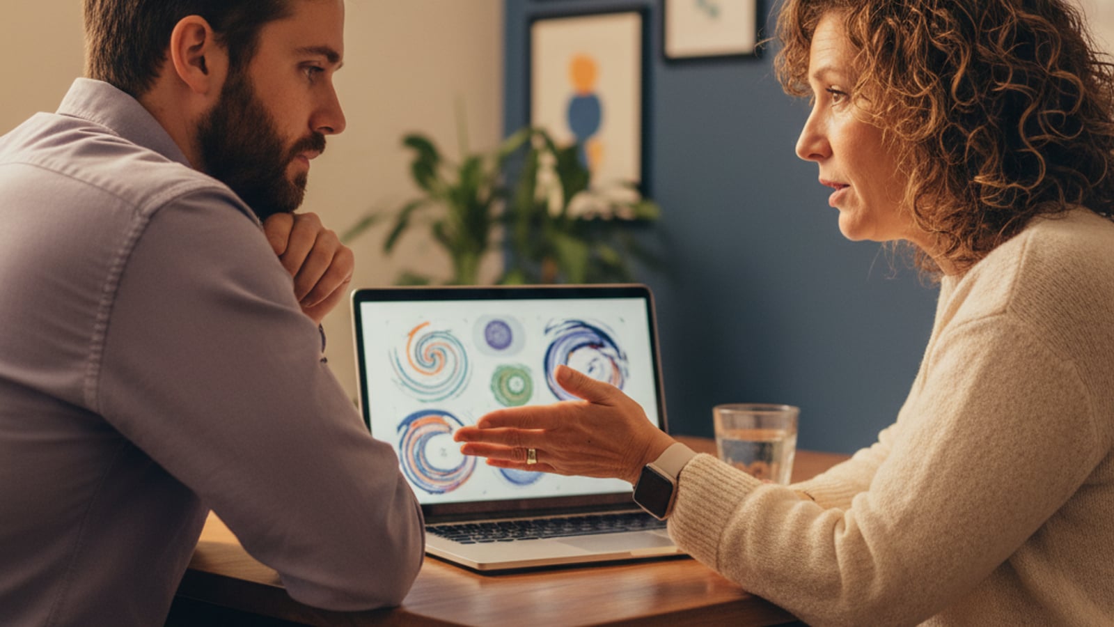 A local consultant and small business owner review abstract data on a laptop, collaborating on business automation services.