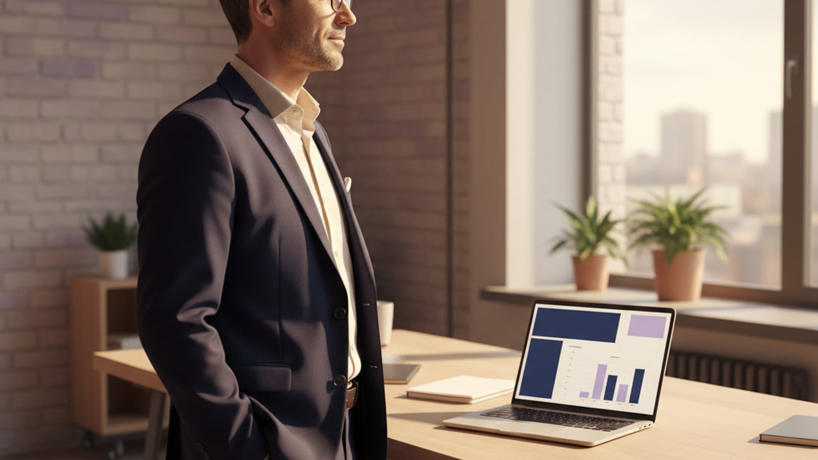 A confident small business owner stands calmly in his bright, organized office, enjoying peace of mind from efficient operations.