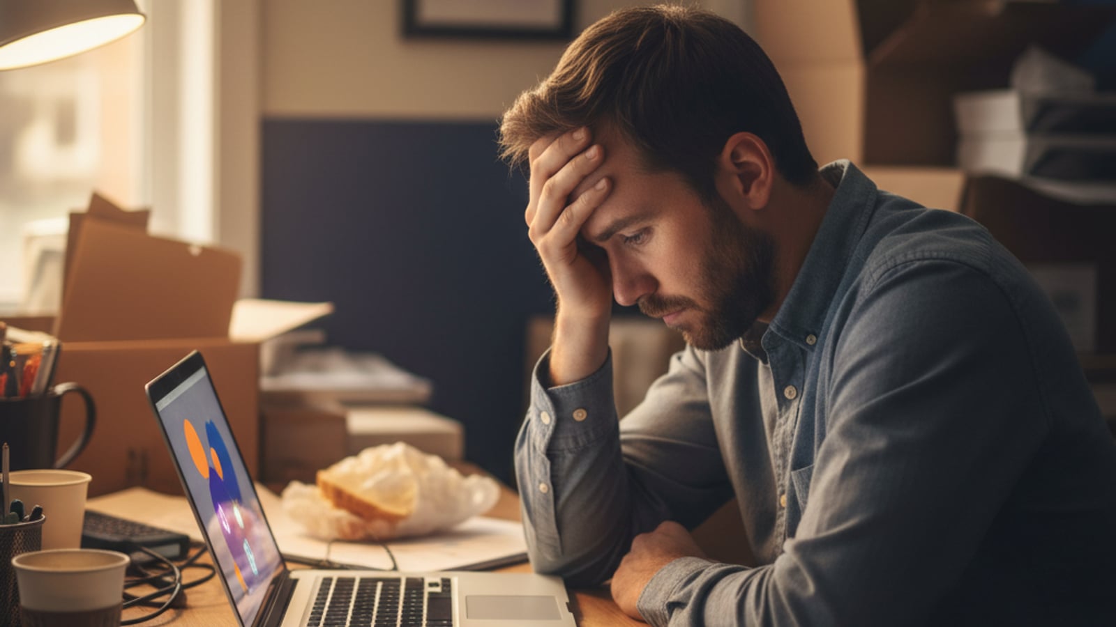 A stressed small business owner works late in a dimly lit office, overwhelmed by manual tasks and missed opportunities for their Maple Shade business.