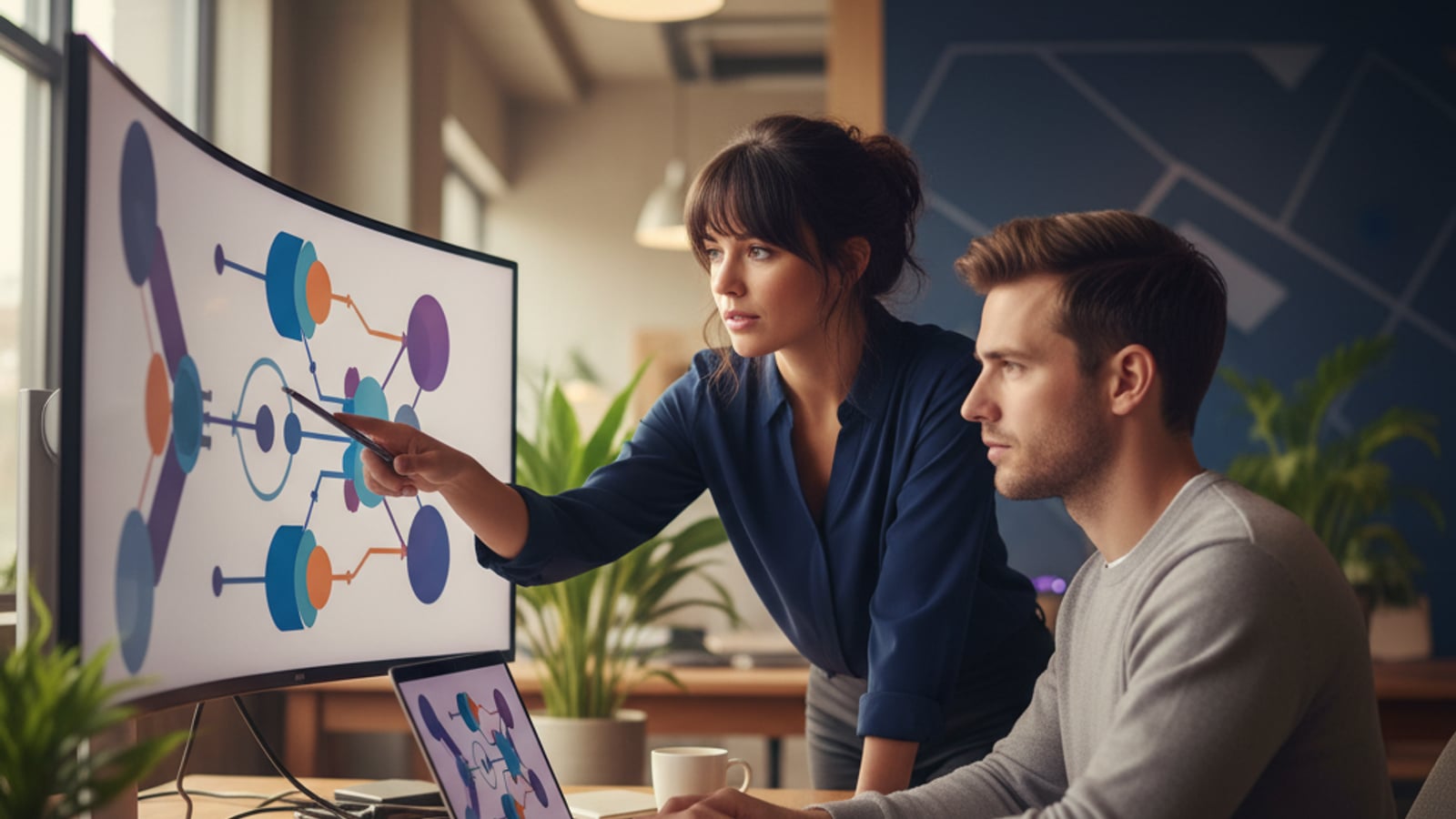 Two focused engineers collaborate in a bright office, developing robust business automation services with abstract data flow diagrams.