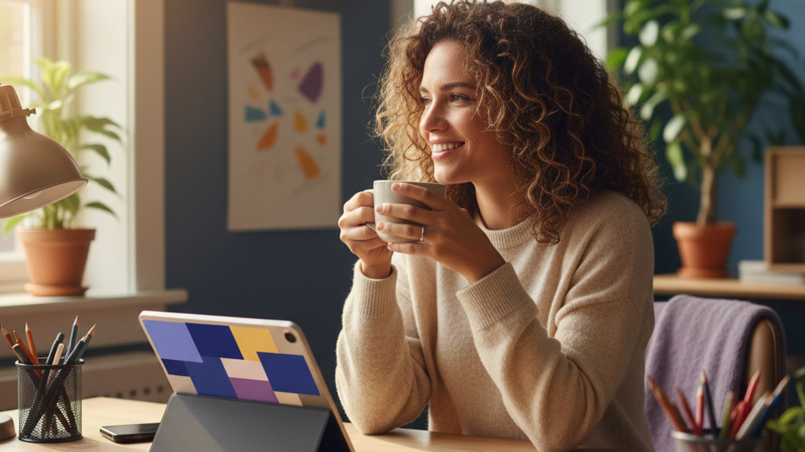 A calm small business owner sips coffee in a bright office, enjoying peace of mind from efficient business automation services.