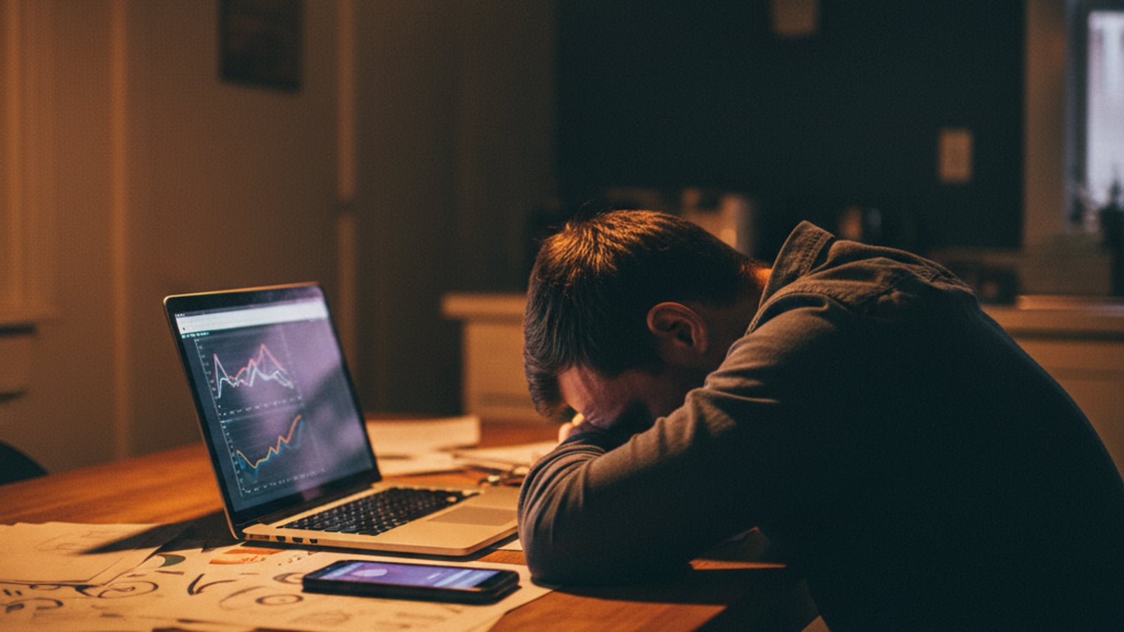 Weary small business owner works late at a kitchen table with devices — daily struggle without business automation services in Marlton, NJ.