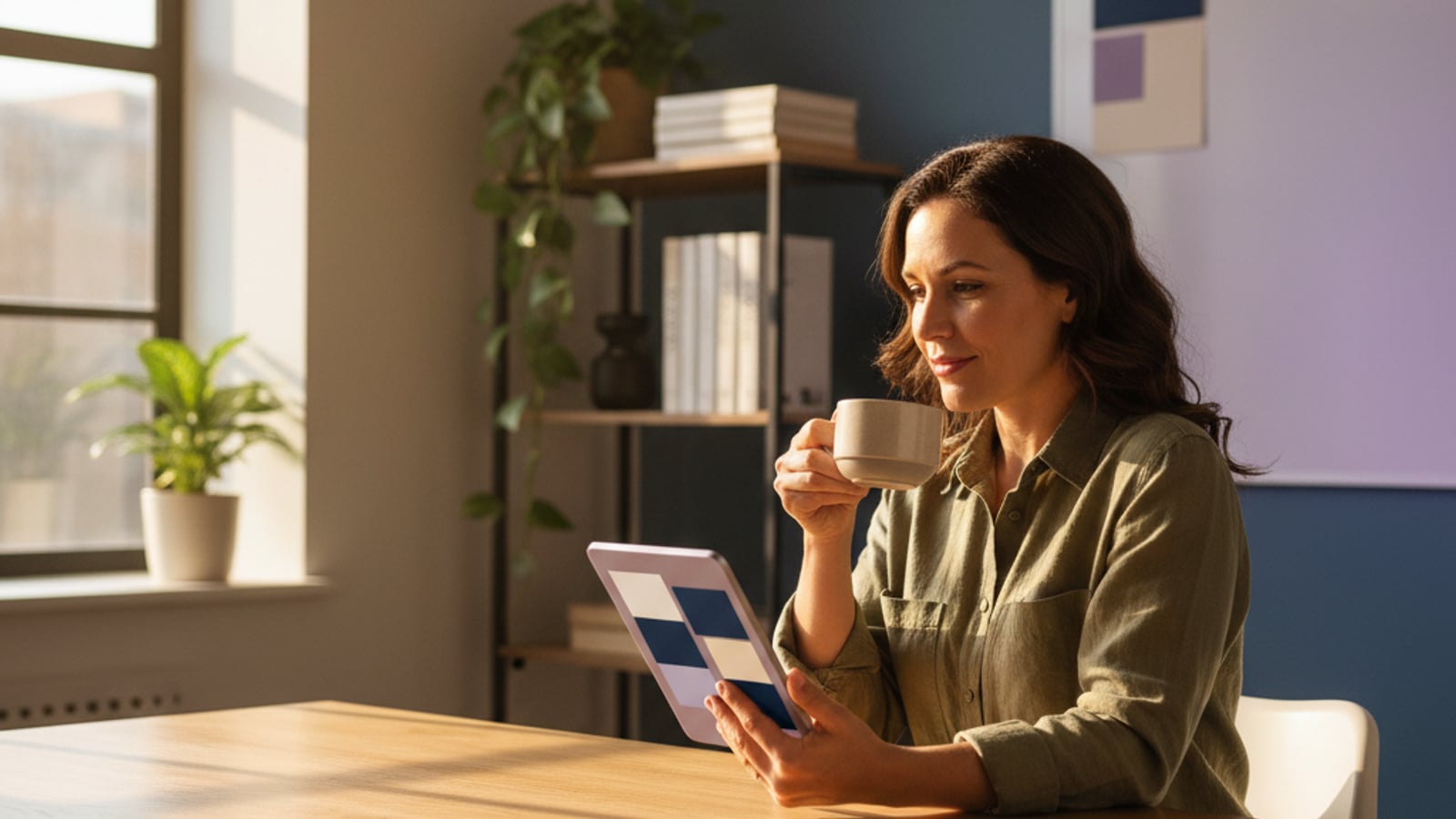 Calm small business owner sips coffee, viewing a clean digital dashboard — peace from business automation services in Marlton, NJ.