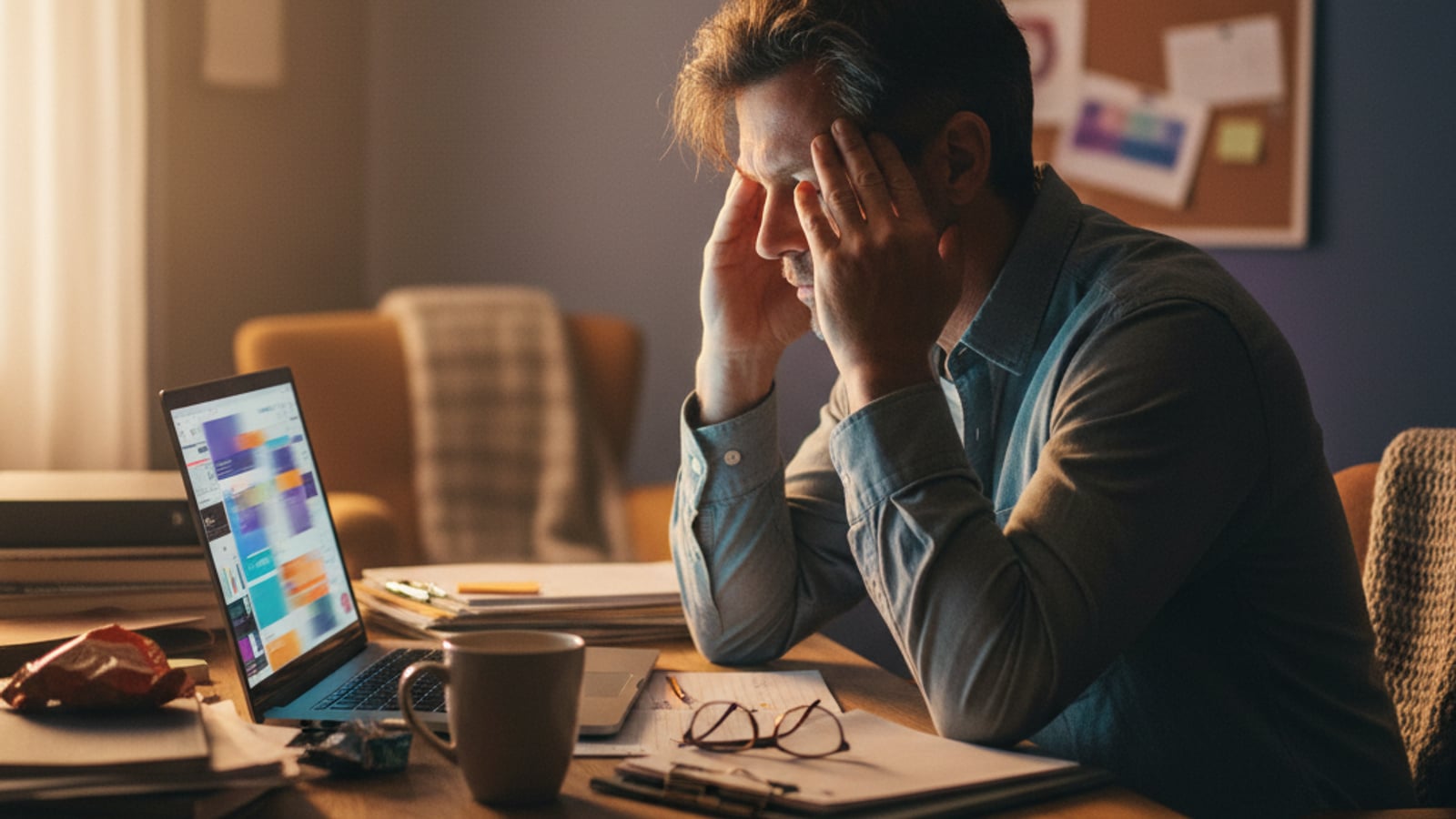 Overwhelmed small business owner working late, surrounded by papers, struggling with manual tasks. Shows the need for business automation services.
