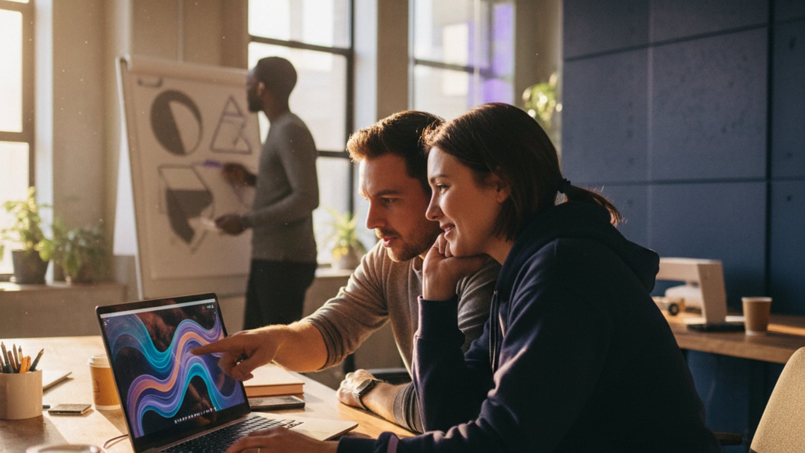 Two developers intently collaborating on a laptop, a third sketching abstract shapes on a whiteboard, building efficient business automation services.
