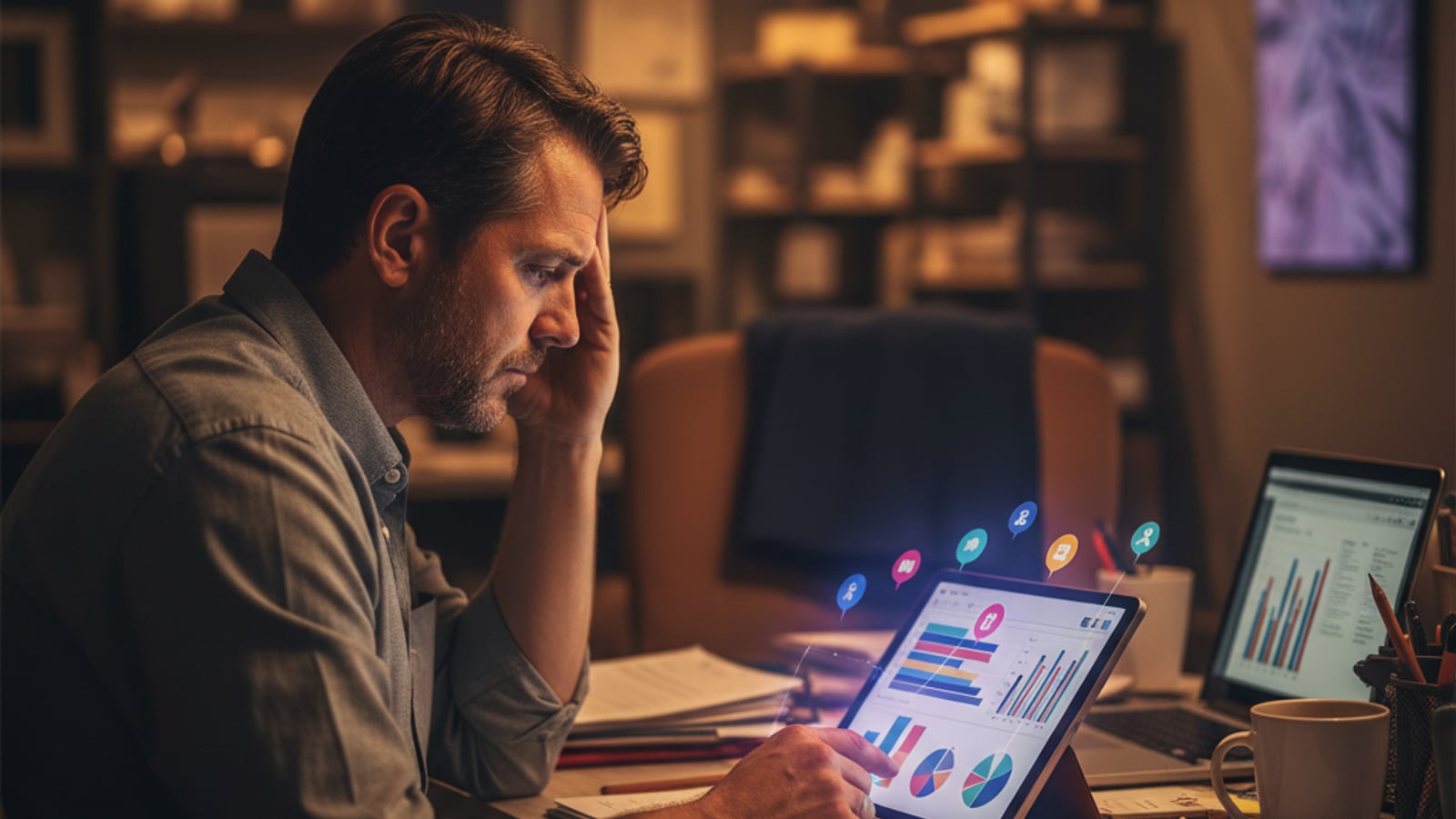 A tired Millville small business owner, illuminated by a tablet screen, overwhelmed by late-night tasks, needing business automation services.