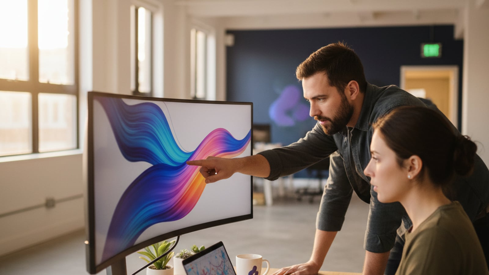 A small, focused team collaborates in an office, reviewing abstract data flows on a monitor, building tailored business automation services.