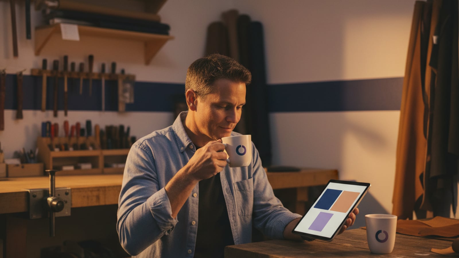 Calm Millville business owner sips coffee in their quiet shop, reviewing a simplified dashboard after implementing business automation services.