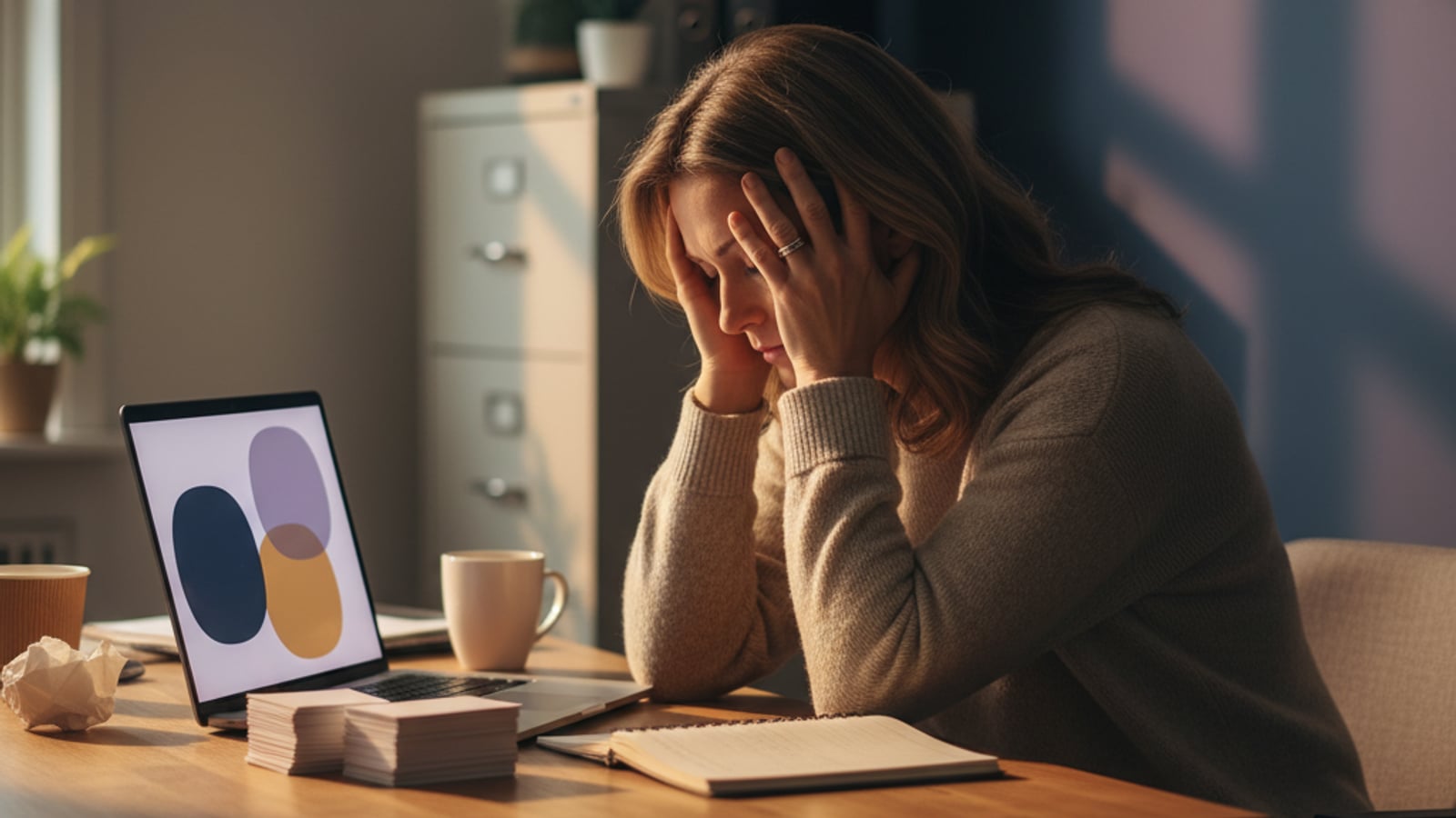 A weary Moorestown NJ small business owner, head in hands, sits at a desk after hours, overwhelmed by missed opportunities.