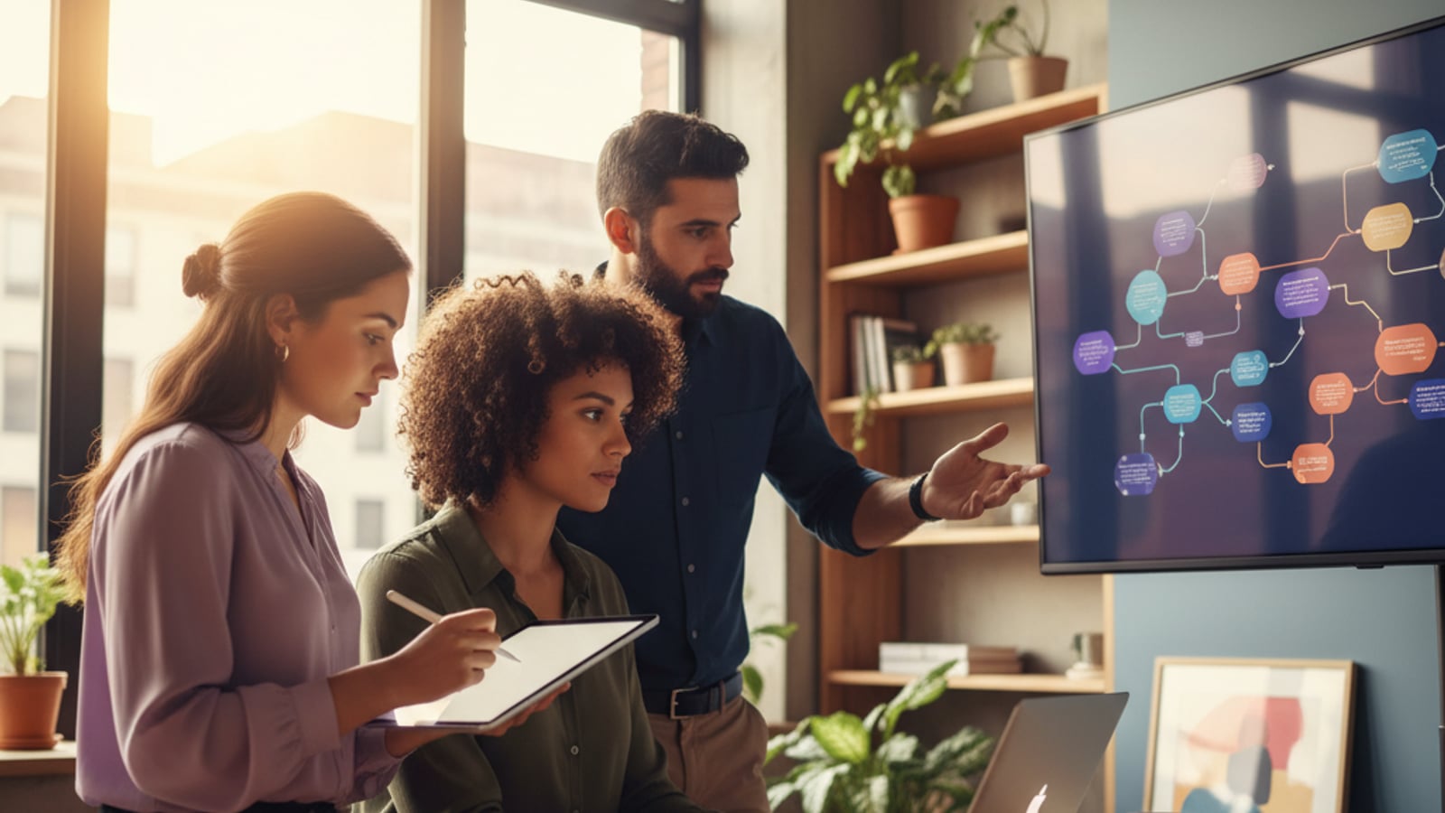 A focused team collaborates on a whiteboard, designing custom business automation services for a local company.