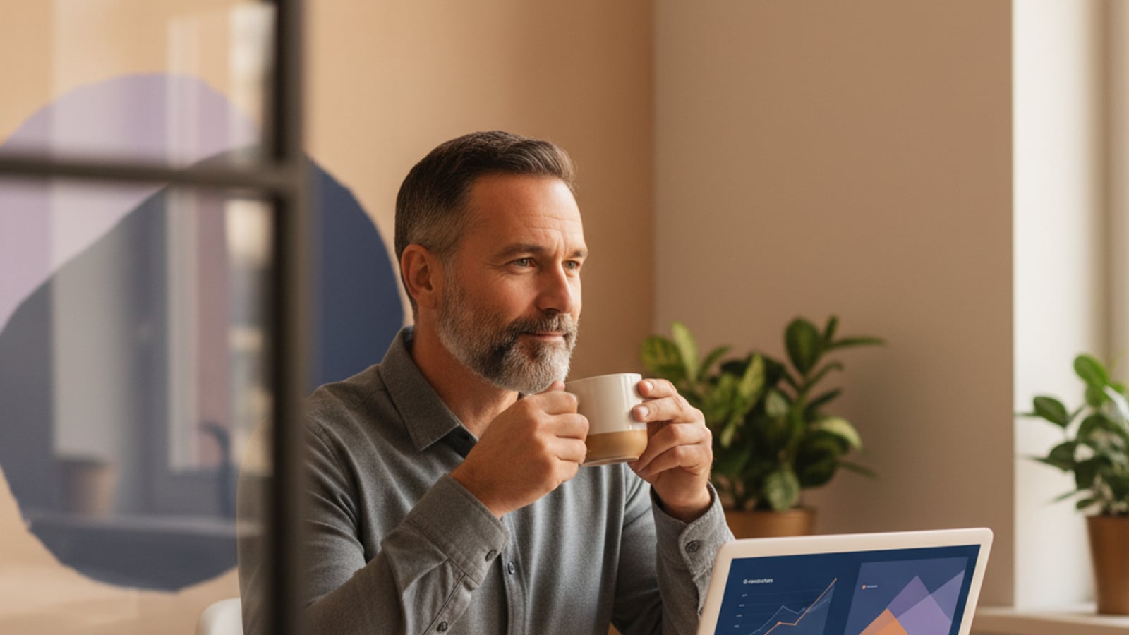 A confident Moorestown NJ business owner sips coffee, reviewing a clean, abstract dashboard reflecting efficient operations.