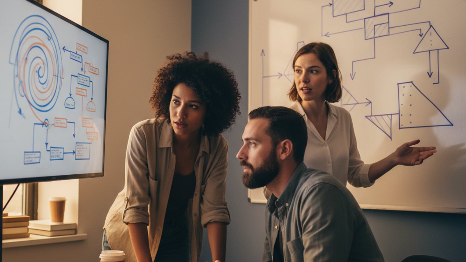 A small team collaborates intently, discussing colorful flow diagrams on a monitor, tailoring local business automation services.