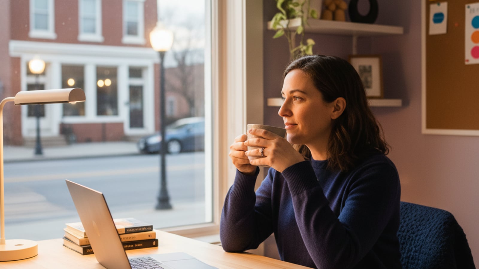 A serene small business owner enjoys a calm evening, having reclaimed personal time through effective business automation services.