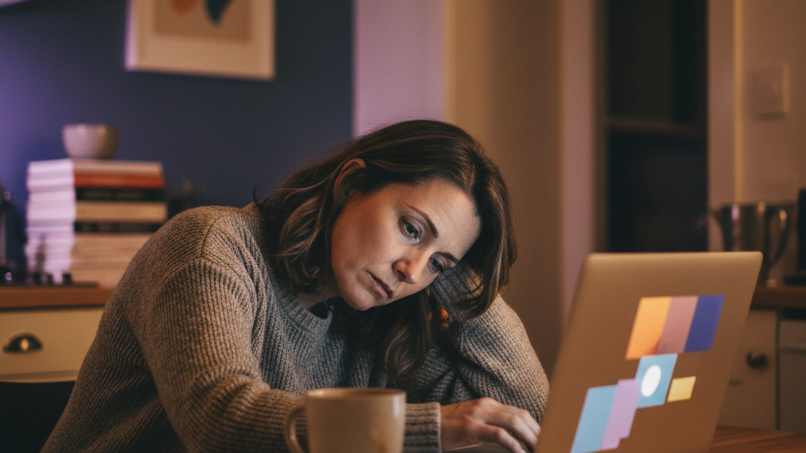 A tired small business owner sits late at night at a kitchen table, lit by a laptop glow, stressed about managing Mount Laurel NJ business automation.