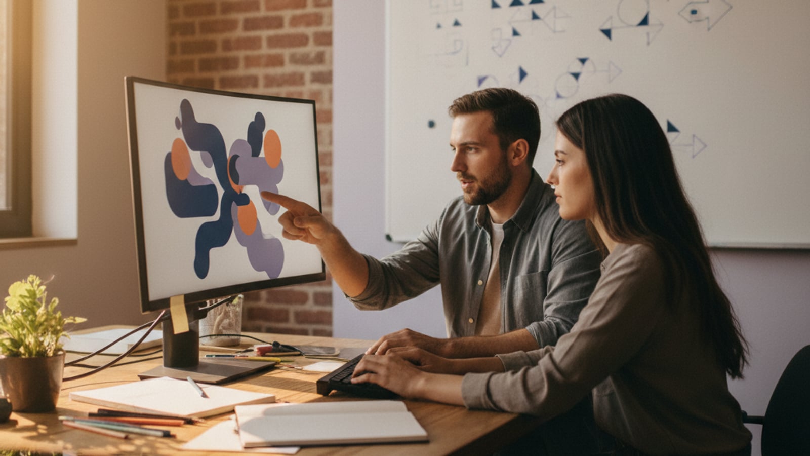 Two focused collaborators at a bright desk, one pointing at colorful shapes on a monitor, building business automation services for Mount Laurel.