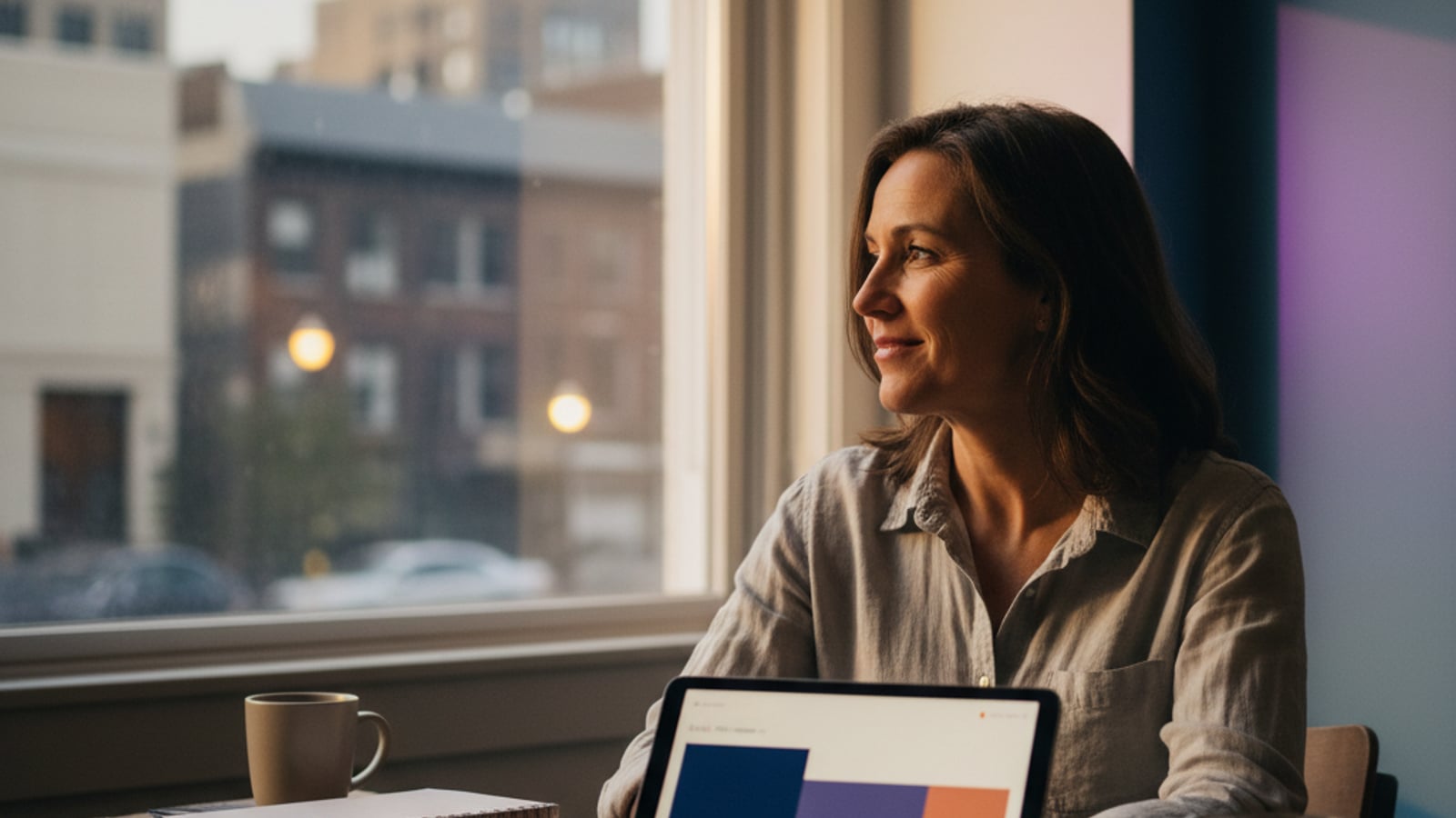 A calm small business owner smiles, looking out a window in the early evening, enjoying the peace from optimized Mount Laurel NJ business automation.
