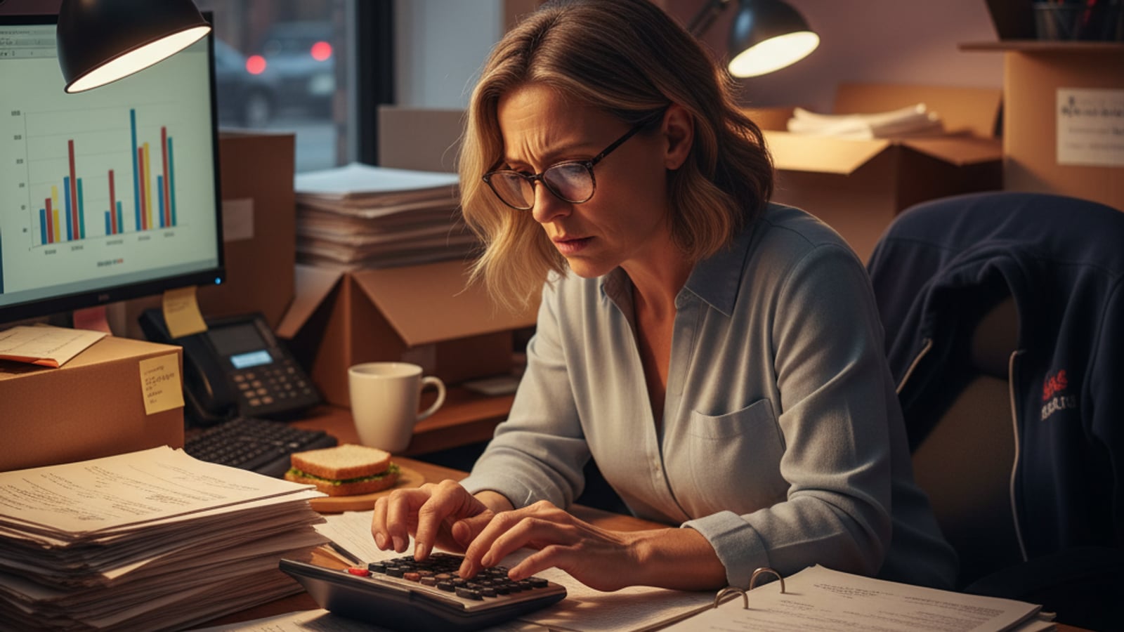 Stressed Pemberton, NJ small business owner works late, surrounded by overflowing paperwork — needs business automation.