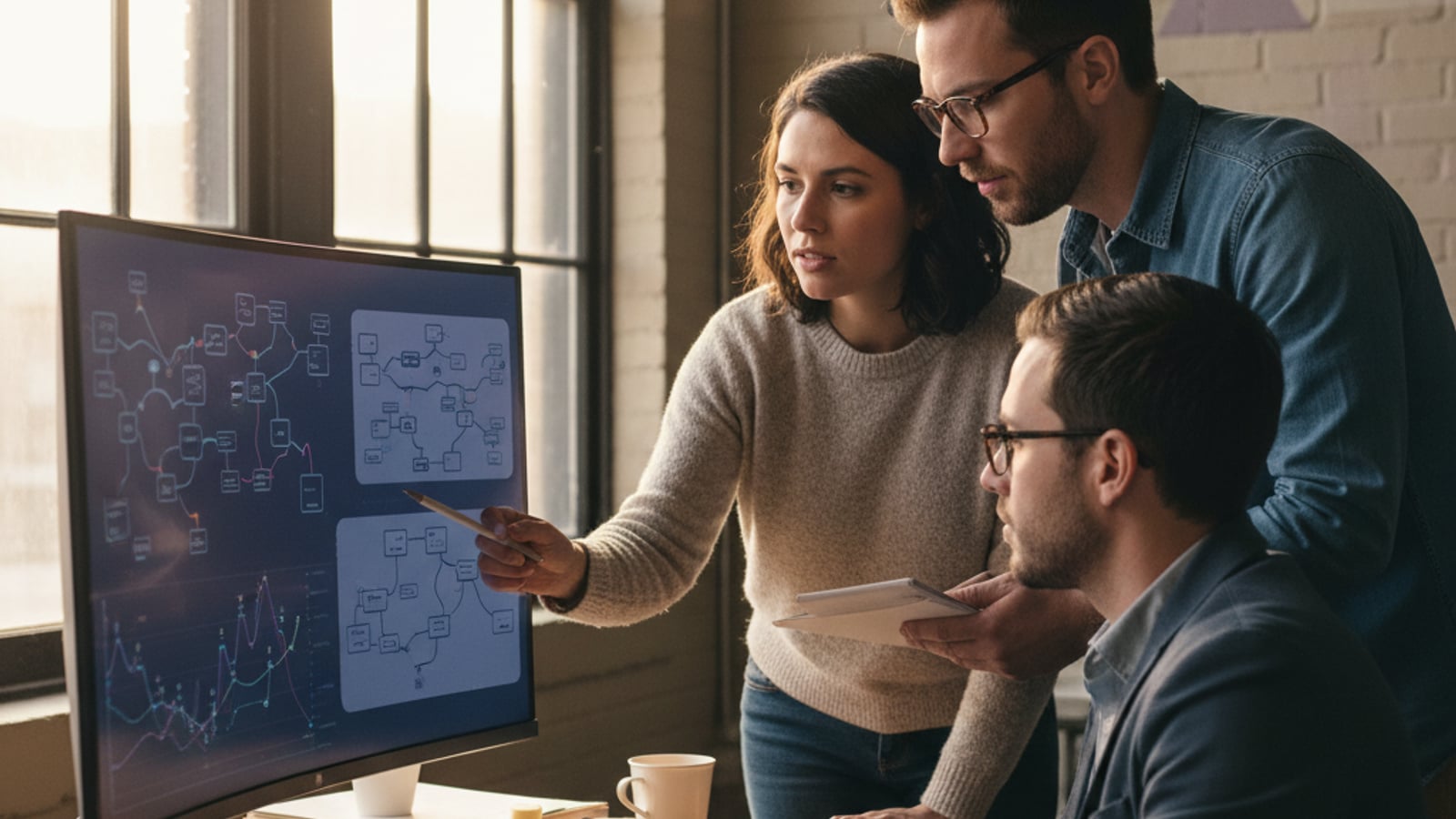 A small team collaborates, studying abstract charts on a large monitor, building custom business automation for Pemberton, NJ.
