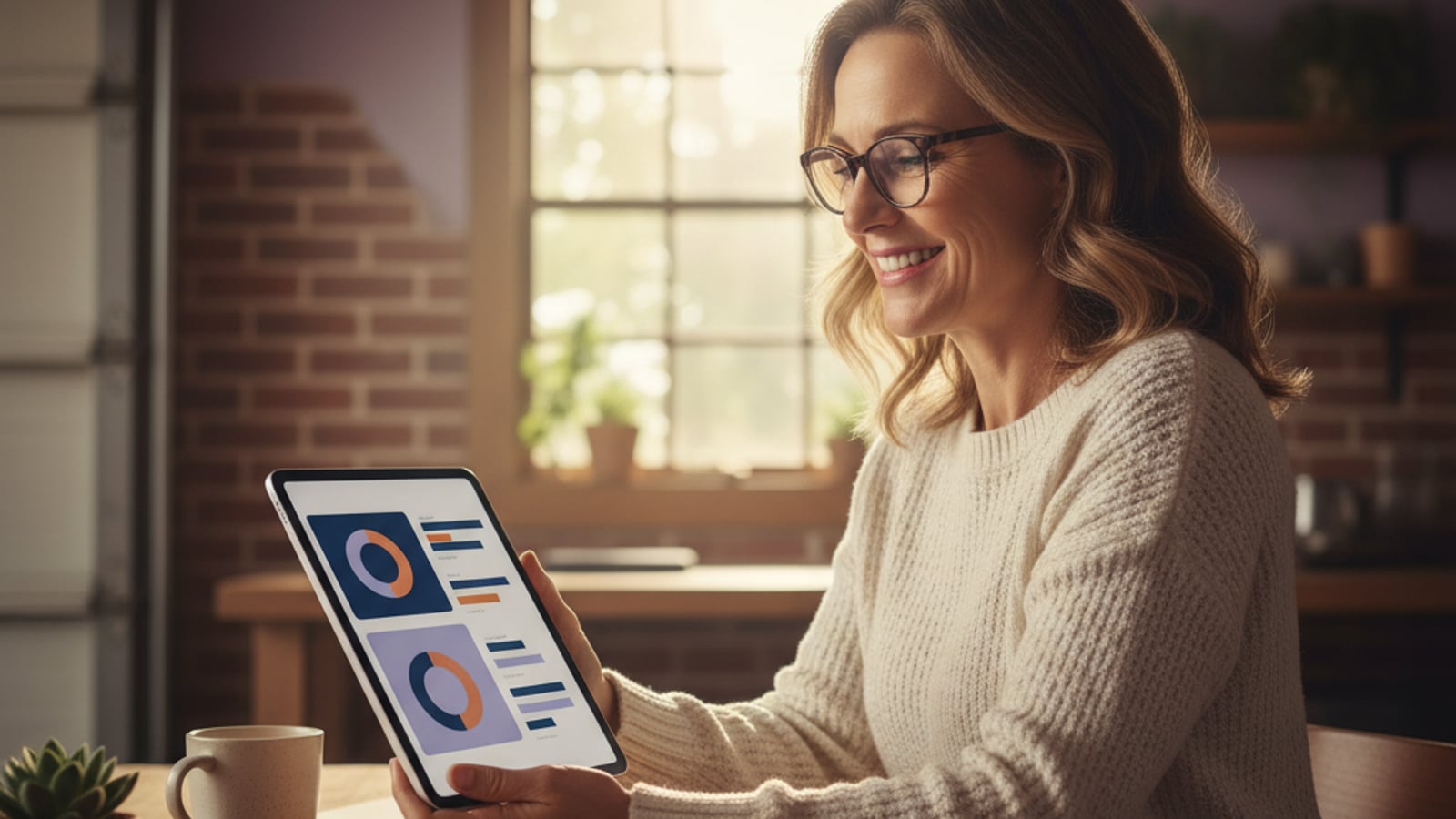 A calm Pemberton, NJ small business owner smiles, reviewing a clean, color-blocked dashboard on a tablet, enjoying business automation.