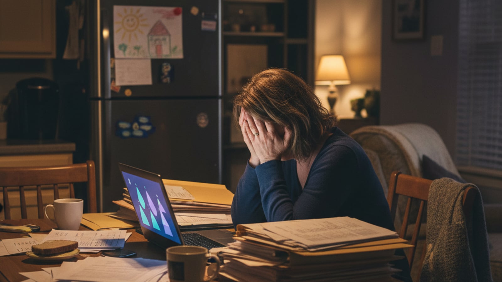 A weary Pennsauken small business owner, head in hands at a cluttered kitchen table, overwhelmed by tasks, needing business automation services.