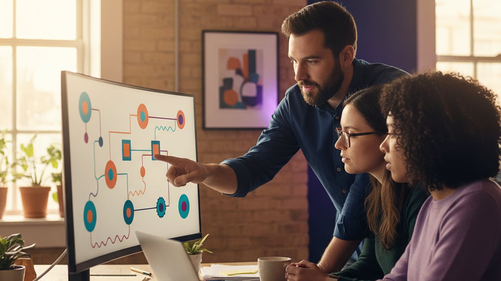 A focused team collaborates intently around a monitor, building tailored business automation services for local Pennsauken businesses.