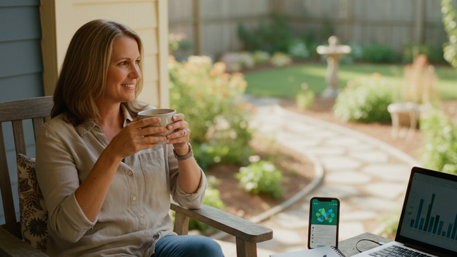 A confident Pennsauken business owner sips coffee on their porch, enjoying a peaceful morning thanks to efficient business automation services.