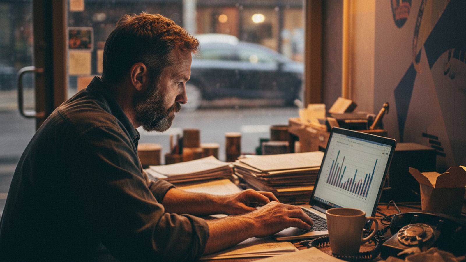 Weary Pitman small business owner reviews late-night emails on a laptop, strained by manual operations — business automation services can help.