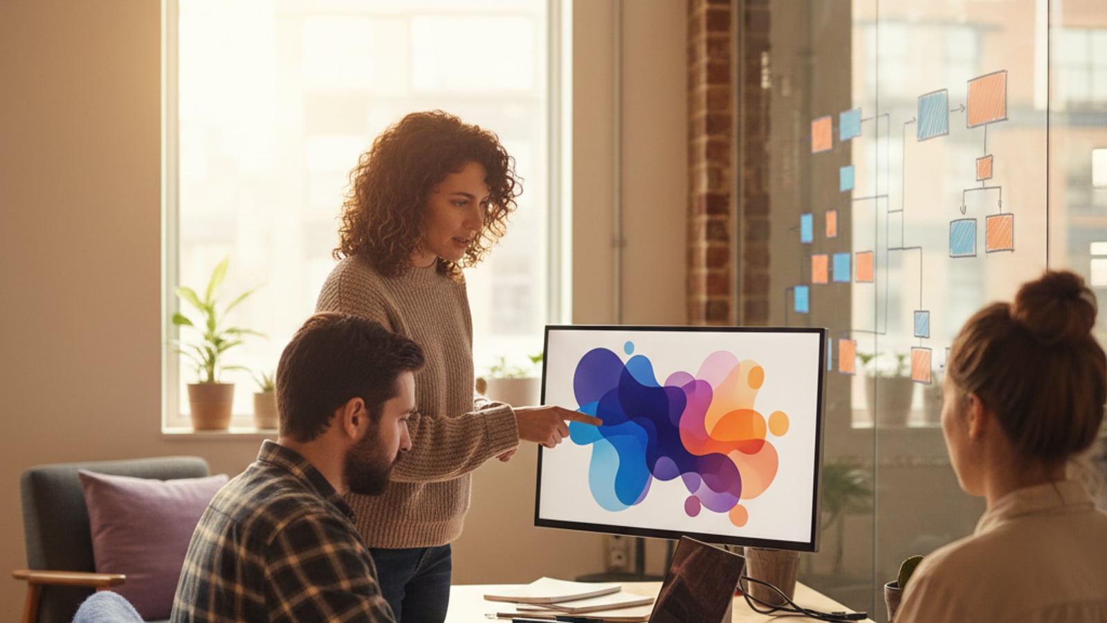 A small team collaborates intently, building custom business automation services, pointing to abstract charts on a monitor and whiteboard.