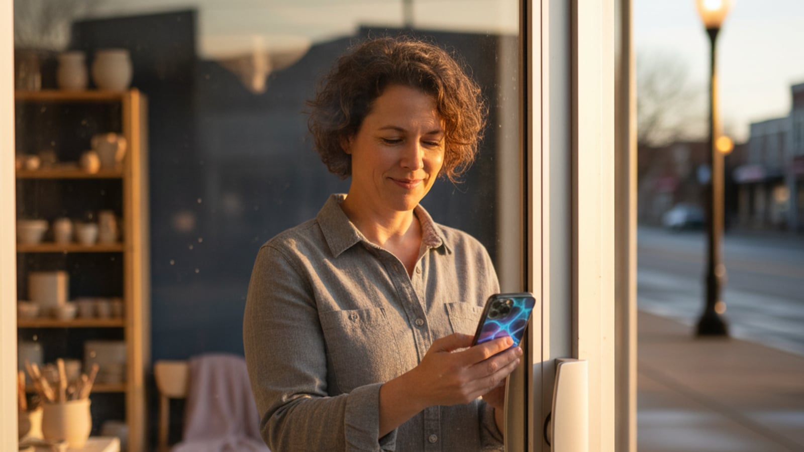 A contented Pitman business owner locks their shop door at dusk, enjoying newfound freedom thanks to efficient business automation services.