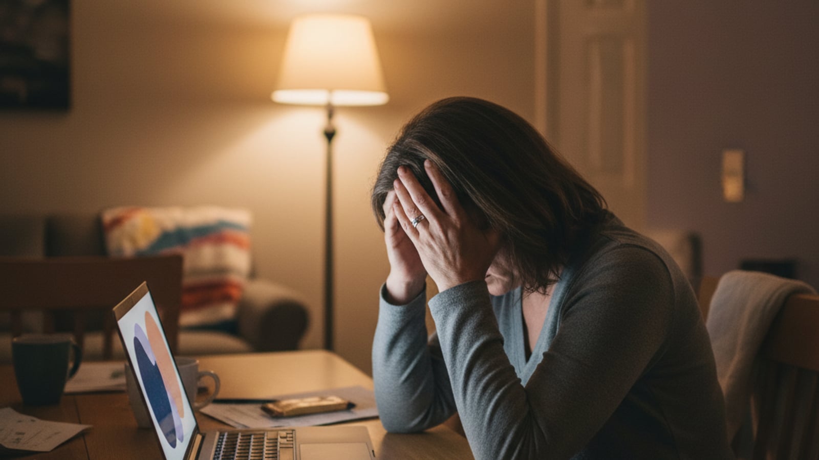 A frustrated Sewell, NJ small business owner sits late at night, overwhelmed by tasks, needing automation services.