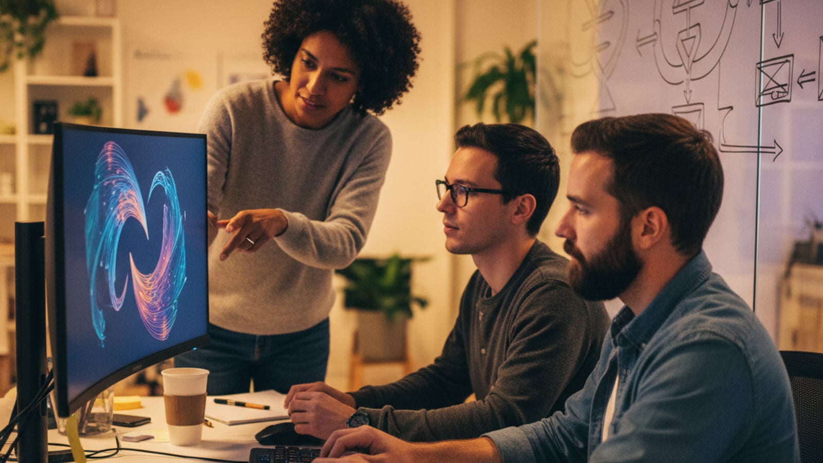 A small team collaborates intently around a monitor, building custom business automation services for a Sewell, NJ small business.